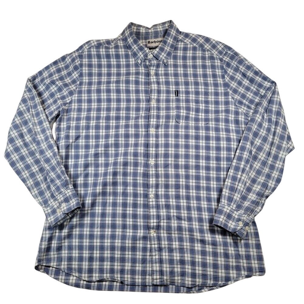 Barbour Men's Plaid Button Down Shirt Sz XXL 2XL Blue White Tailored Fit Cotton